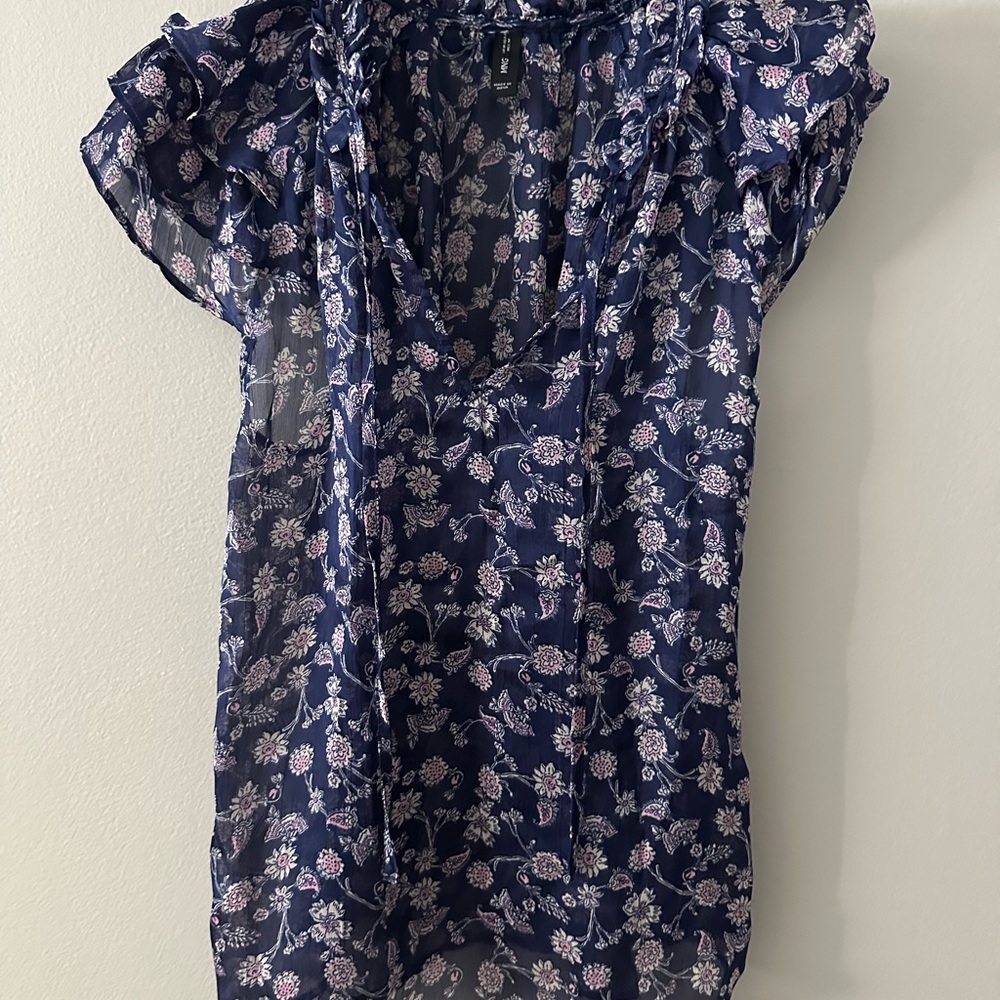 Mango Blue and White Flutter Sleeve Blouse